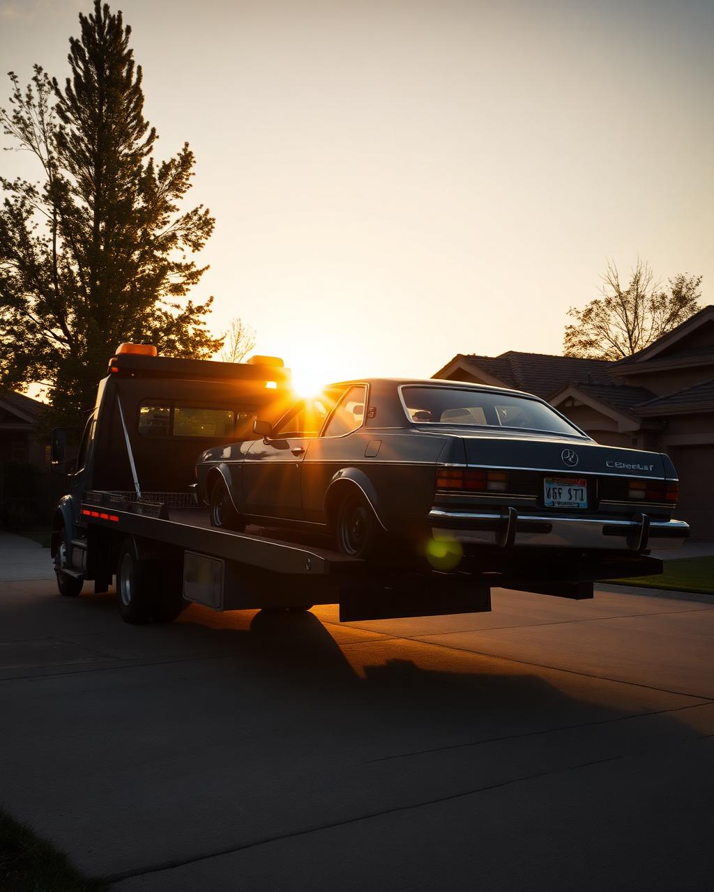 Flatbed tow truck loading an old sedan at sunset